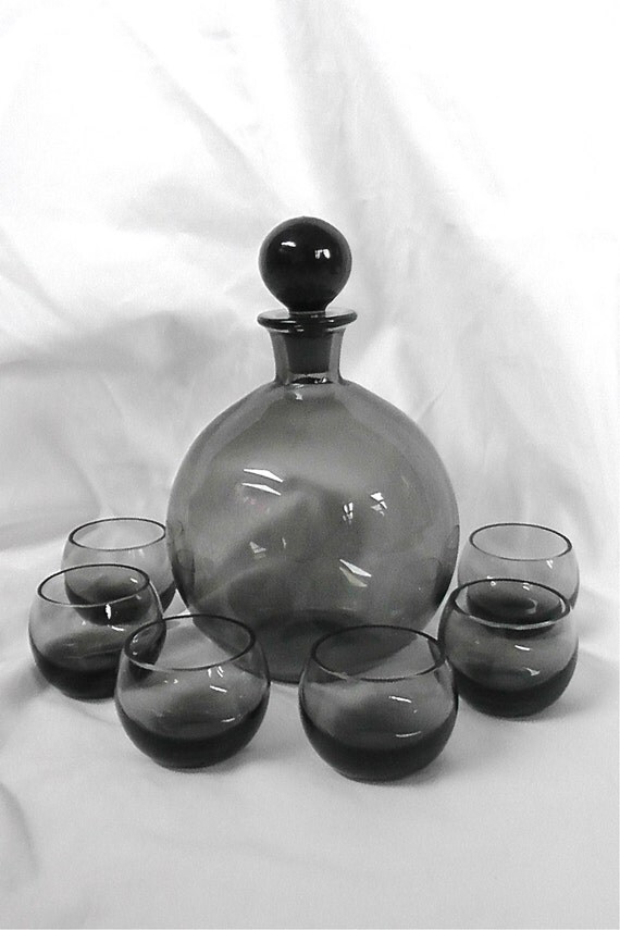 Vintage Smoke Glass Decanter and Matching by DelicateCreations