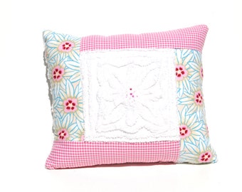 Chenille Pillow - Pink Aqua Gingham Flower Vintage Chenille Handmade Pillow