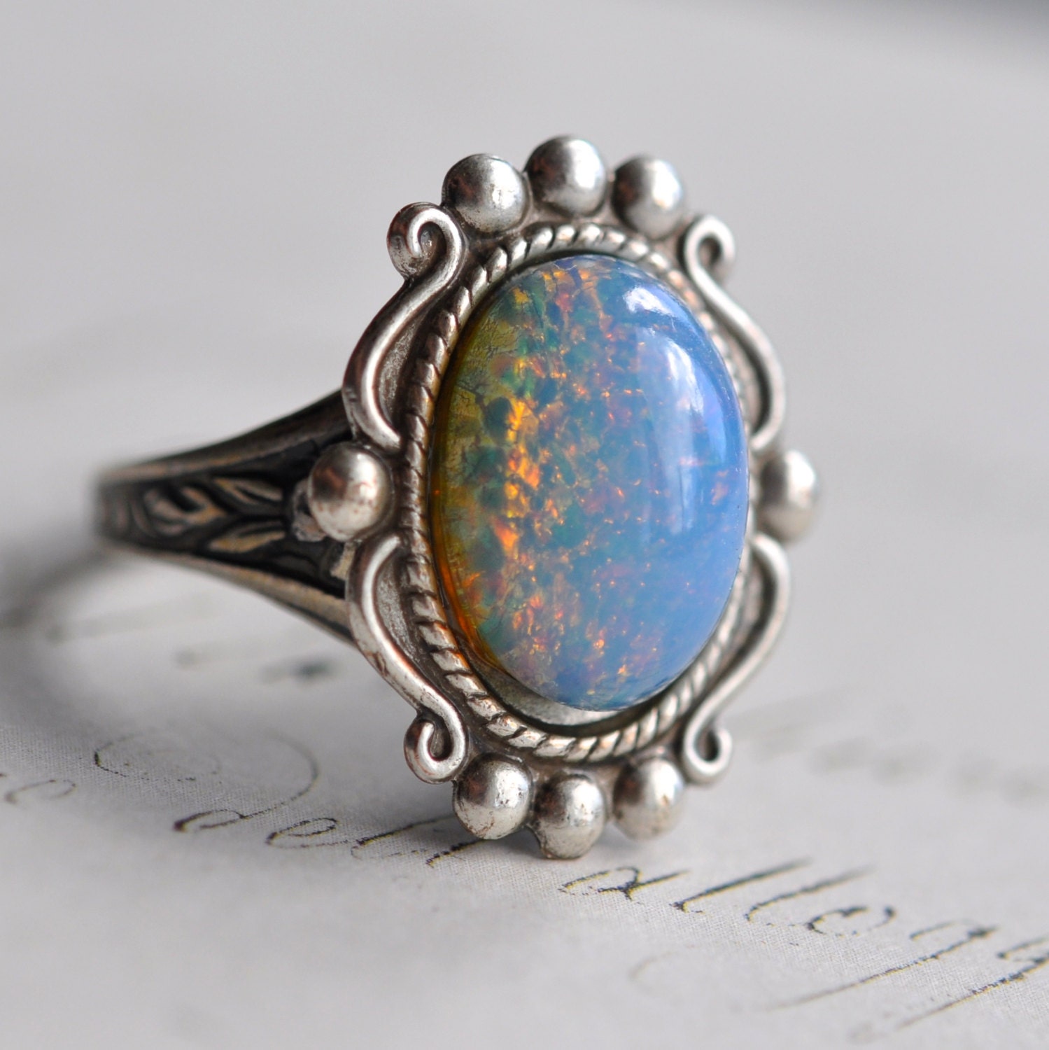 Blue Opal Ring Milky Blue Vintage glass opal on by ElvesGarden