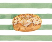 Maple Glazed Peanut Doughnut with Green Stripes Illustrated Watercolor Print