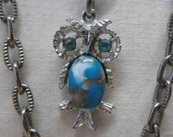 Owl Blue Silver Necklace Rhinestone Vintage Pendant
