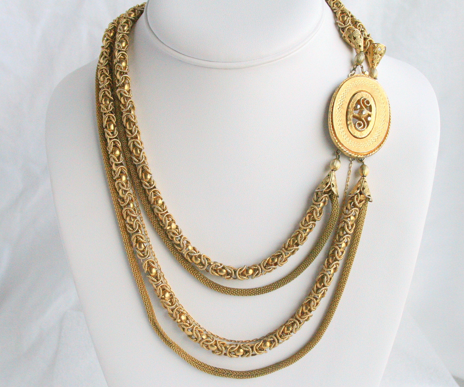 Vintage Mesh Chain Necklace Multi Strand Gold Goldtone Bib 5