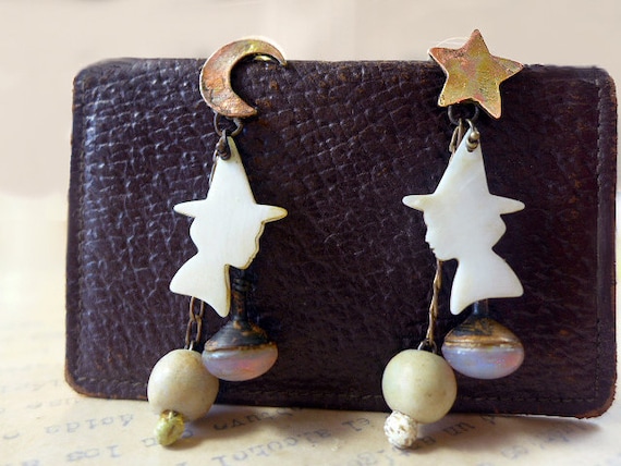 Little Enchantments. Pale light halloween witch dangle earrings with star moon opals art beads mop silhouette.