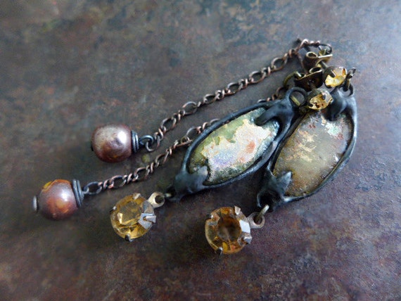 Earthenware. Rustic Bling  assemblage earrings with Roman glass, rhinestones.