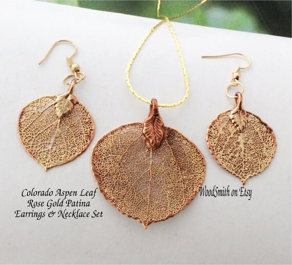 Real Colorado Aspen Leaf Jewelry Rose Gold three piece set of