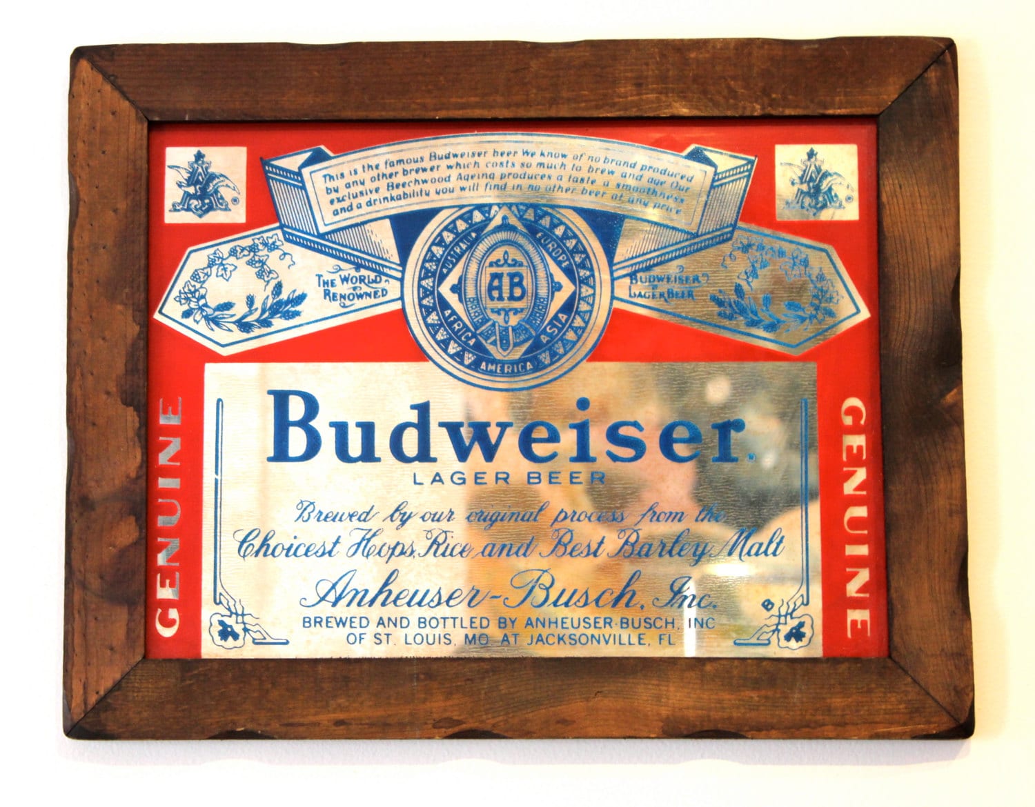 80's Budweiser Mirror Wood Frame Beer Sign Man Cave