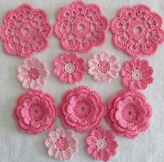 Pink Crochet Flower Appliques Embellishments Variety set