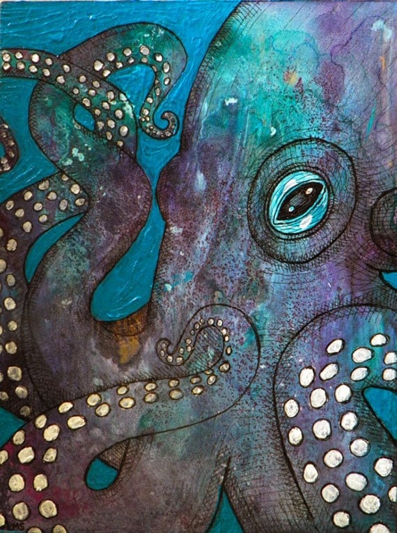 Items similar to Original Mixed Media Painting Octopus Art Diptych on Etsy