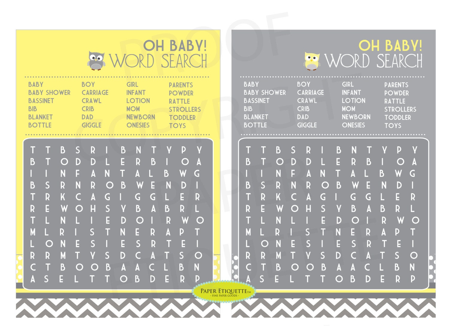 10 sale instant upload owl baby shower game word search