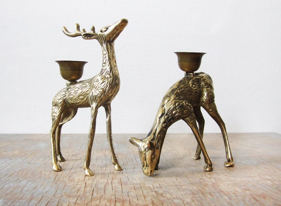 vintage brass deer candle holders / brass deer figurines