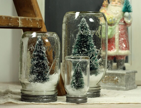 Mason Jar Dry Snow Globe Bottlebrush Tree Upcycled Christmas Decor Table Centerpiece