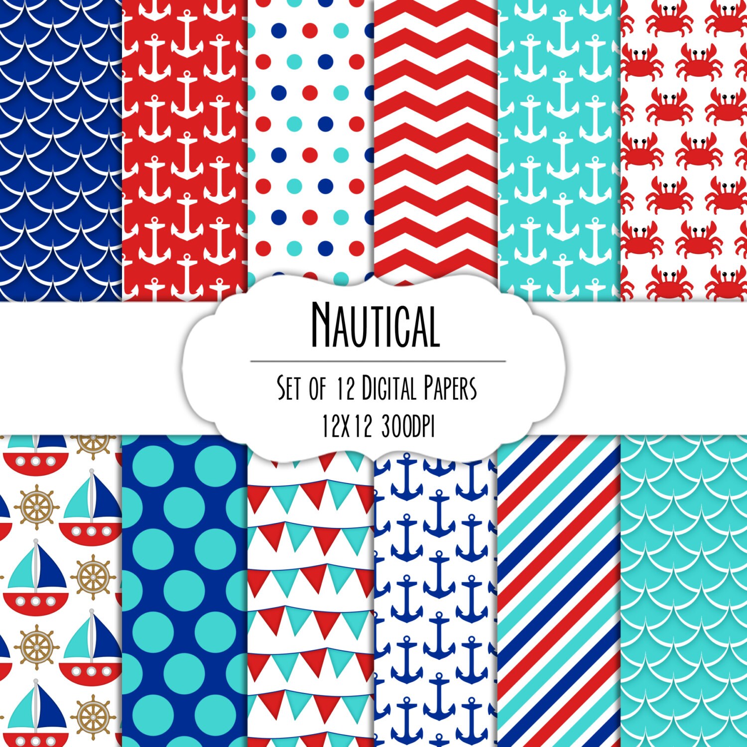 Nautical Digital Scrapbook Paper 12x12 Pack Set of 12
