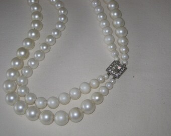vintage White Double Strand Pearl necklace with Rhinestone clasp ...