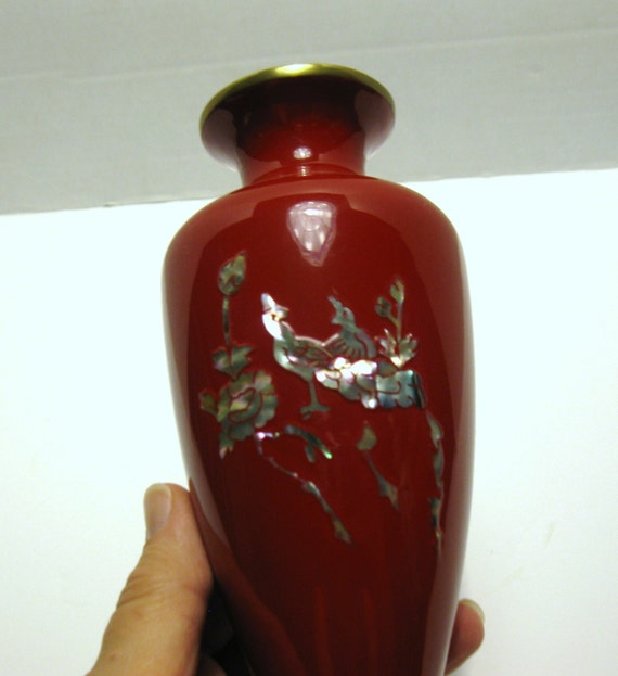 Vintage Asian RED LACQUER over BRASS Vase Mother of Pearl