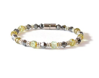 Black Magnetic Therapy Bracelet, Black Hematite and Olive Firepolish, Arthritis Jewelry