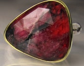 Rose Cut Eudialyte - Rock Crystal Quartz Doublet Cocktail Ring  - 18k Yellow Gold and Sterling Silver
