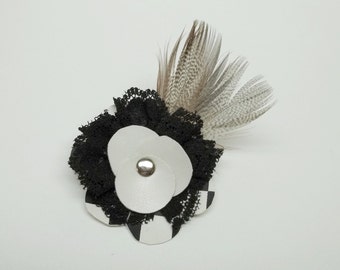Black and white leatherette brooch,lace,feathers,black/white leatherette,brooch,leatherette brooch,shabi chic,goth,costume party