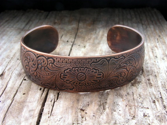 Hand Engraved Copper Cuff Bracelet Men Women Western Spanish