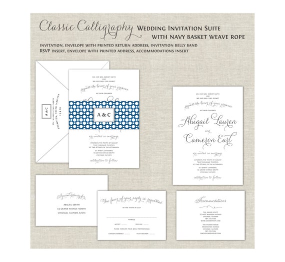 Classic Calligraphy with Navy Blue Belly Band Wedding Invitations, Nautical Wedding Invites, Basket Weave Rope, Elegant, Modern Il_570xn