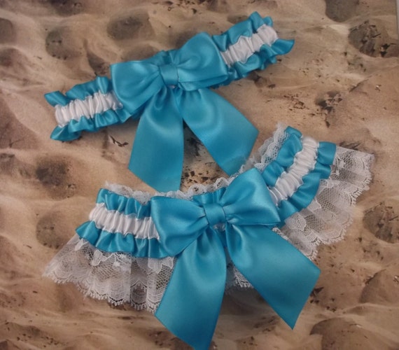 Turquoise Blue Satin White Lace Wedding Garter Set Toss by jbconaway