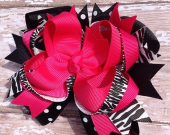 Shocking Pink Hair Bow, Zebra Hair Bow, Baby Headband, Infant Headband, Newborn Headband, Baby Toddler, Birthday Bow, School Bow, Cheer Bow