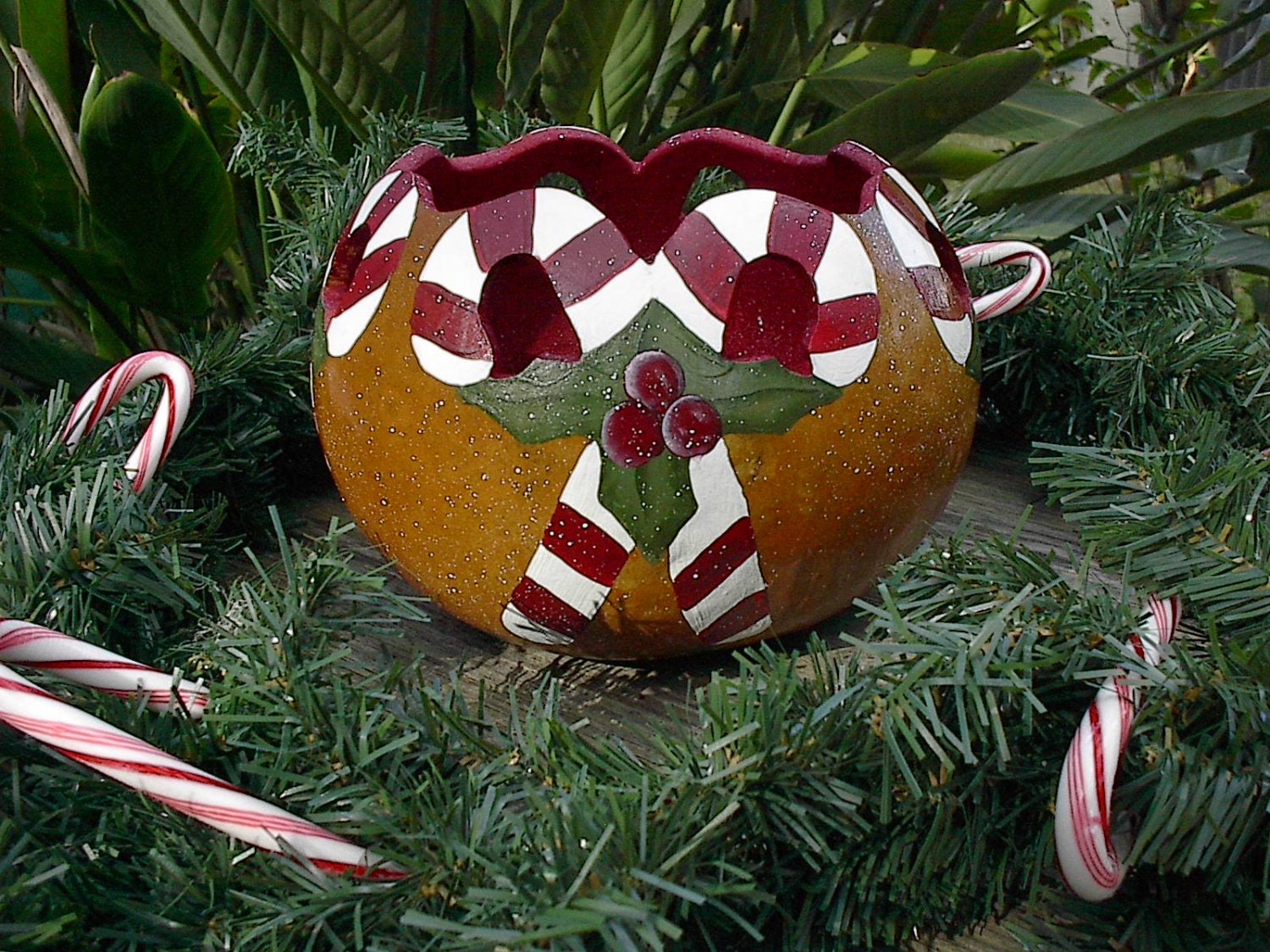 Painted Gourd Art Candy Cane Christmas Winter by NatsKreations