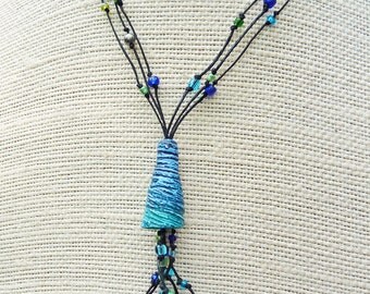Blue Cone Necklace - Handmade Swirly Blue Cone, Blue Glass Beads, Green Glass Beads, Black Hemp Multi Strand Necklace
