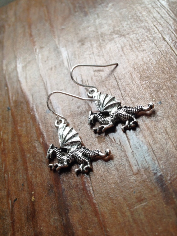 CLEARANCE Earrings Antique Silver Dragons Dangle