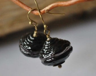 Black Ridged Hollow Glass Earrings, Light Weight Earrings, Dark Blown Glass Earrings