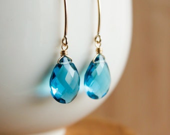 Gold London Blue Quartz Gemstone Earrings - 14K GF - Hook Earrings