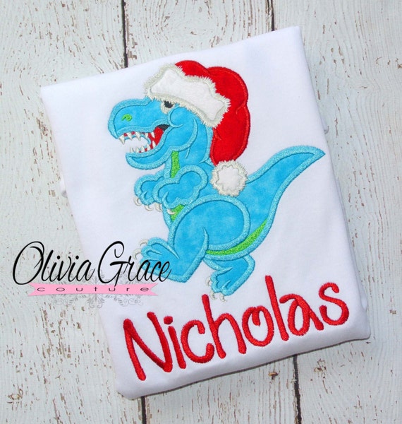 Santa Dinosaur Boys Christmas Winter Embroidered Applique Shirt or Bodysuit Il_570xn