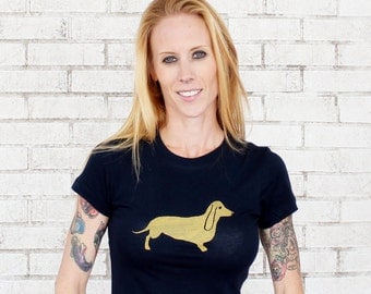 SMALL, READY to SHIP, Dachshund T Shirt, Ladies Dog Cotton Crewneck Graphic Tee, Navy Blue, Tshirt, Wiener Dog, Women