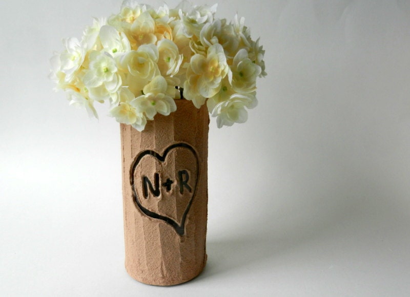Faux Bois Vase with carved initials in heart / Madetoorder