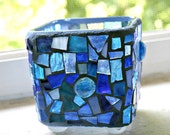 Etsy Mosaic Blue Stained Glass Candle Holder Vase Home Decor Gift Ideas Hostess 3.5 inches