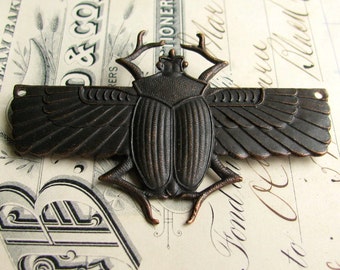Egyptian scarab beetle pendant with drilled holes in wings - dark antiqued brass - 70mm - black patina - giant, large, huge - OR-FF-013
