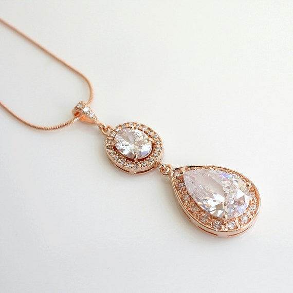 ROSE GOLD Necklace Bridal Necklace Oval Cubic Zirconia Teardrop Large ...