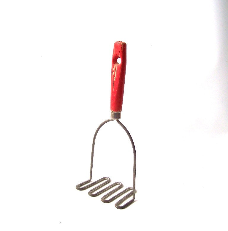 vintage potato masher red wood handle kitchenware kitchen houseware