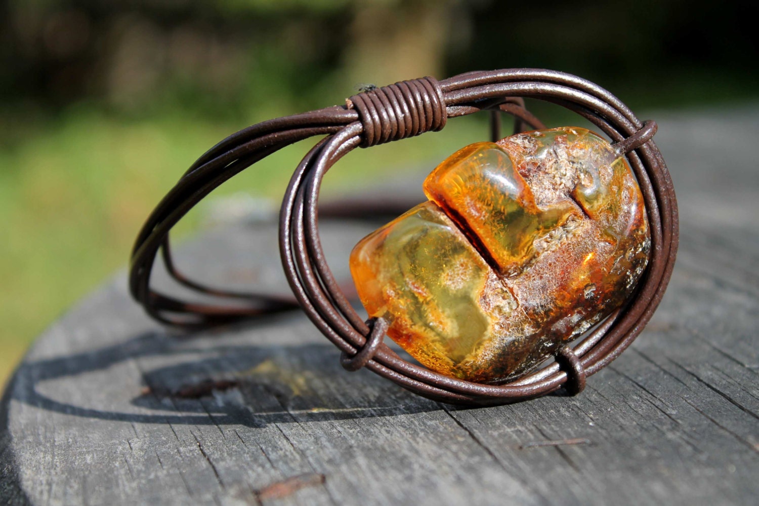 Amber Leather Mens Necklace Pendant Rustic Huge Cognac Honey