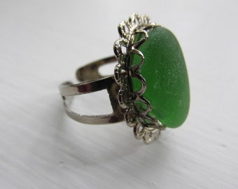 Adjustable Ring, Green Seaglass Ring, Beach Glass Jewelry, Genuine Sea Glass Ring