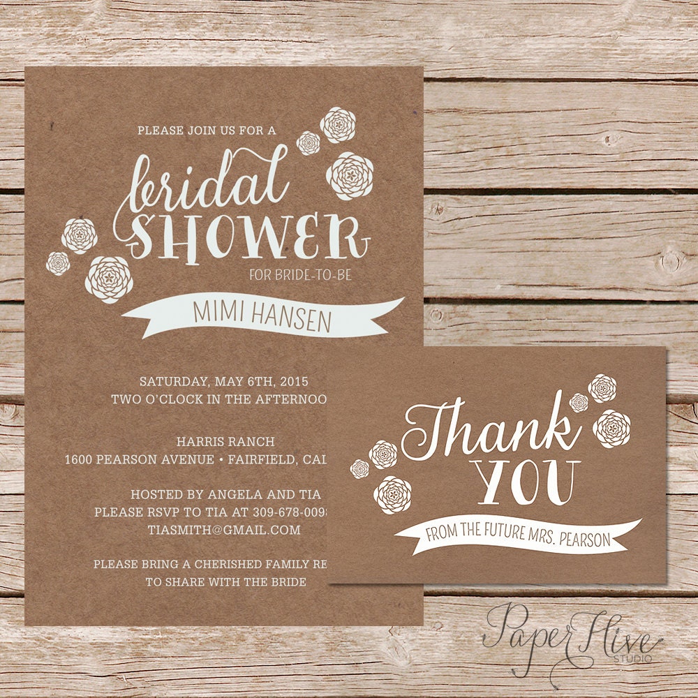 Printable Bridal Shower Invite with thank you card / kraft paper