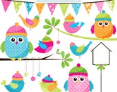Holiday Birds Cute Christmas Digital Clipart - Commercial Use OK - New Years Owl, Holiday Owl Clipart Il_170x135