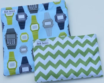 Reusable Sandwich and Snack Bag Set Eco Friendly Retro Watches and Green Chevron