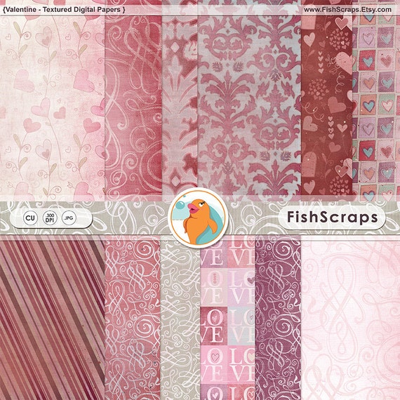 Valentine Digital Paper - Textured Backgrounds - Pink Hearts - Love - Purple Damask Pattern - Digital Scrapbook Paper - Il_570xn