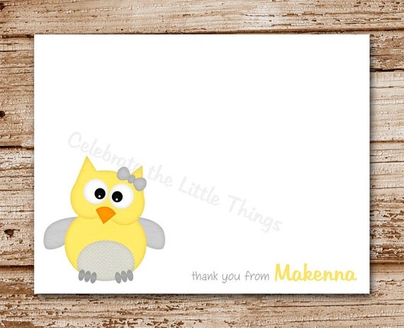 Set of 8 Owl Note Cards, Notecards for Girls | Baby Thank You | Personalized Stationery | Yellow & Grey Il_570xn