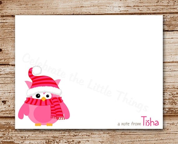 Set of 8 Owl Note Cards, Notecards for Girls | Personalized Stationery | Pink Owl, Winter Il_570xn