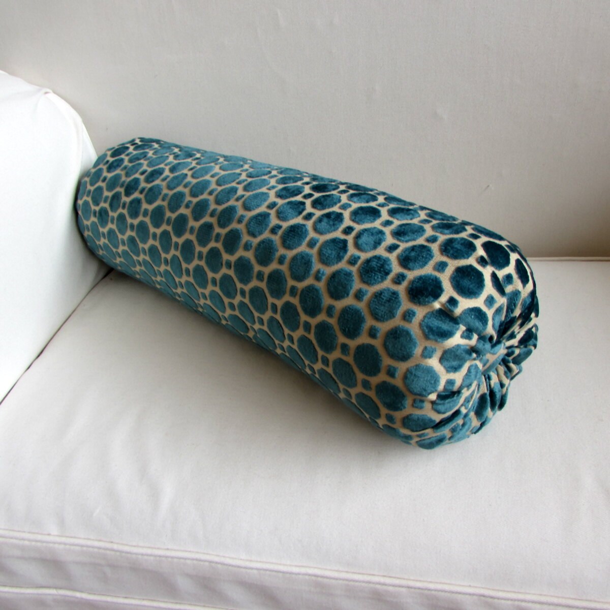 TURQUOISE BLUE raised velvet bolster pillow 8x36