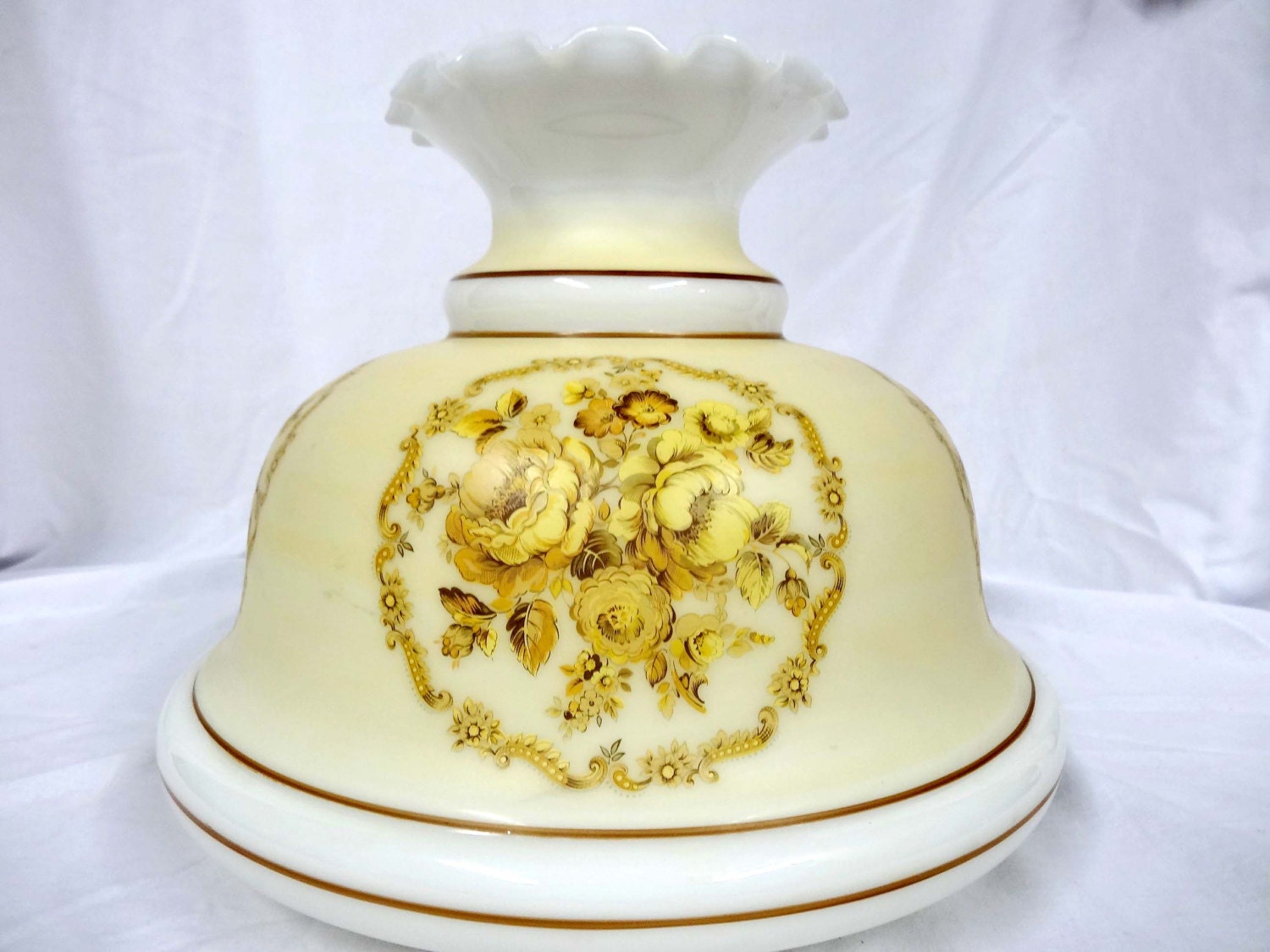 Extra Large Glass Lamp Shade Ruffled Cram and Gold Roses Home