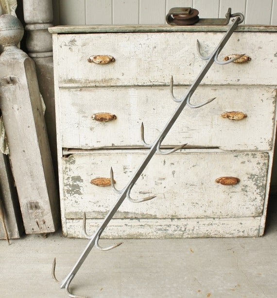 Items similar to Vintage Industrial Meat Hook Rack with Pulley Wheel on