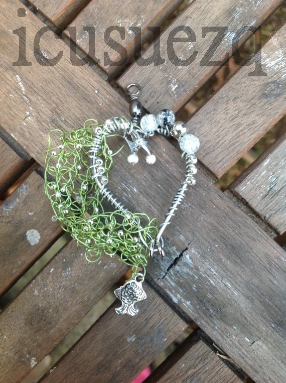 Fish Hook Necklace Fishing Hook Heart Hand Crocheted Wire