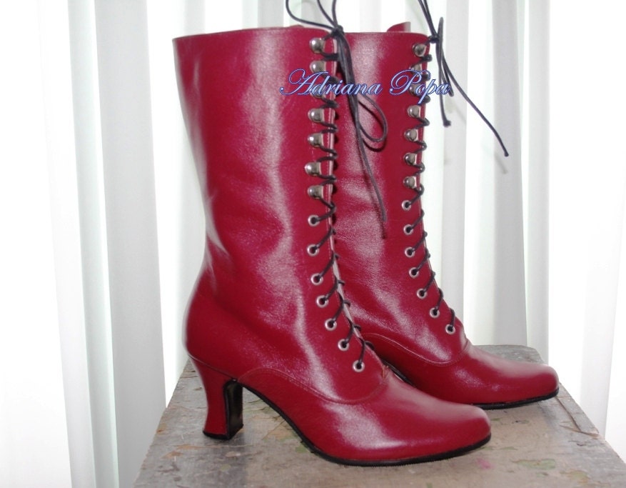 Burgundy Victorian High Heel Lace up Boots Burgundy Leather